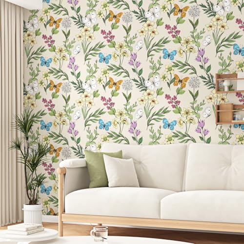 WESTICK Colorful Butterfly Flower Wallpaper Spring Floral Contact Paper Botanical Boho Peel and Stick Wallpaper Removable Floral Decorative Contact Paper for Cabinets Bathroom Laundry Room 175x100 - Image 3