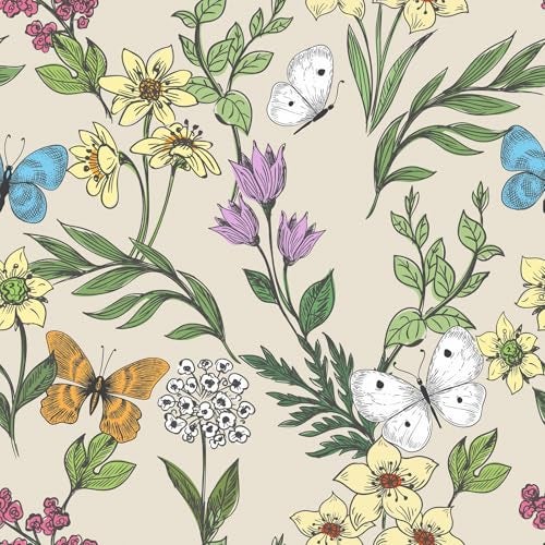 WESTICK Colorful Butterfly Flower Wallpaper Spring Floral Contact Paper Botanical Boho Peel and Stick Wallpaper Removable Floral Decorative Contact Paper for Cabinets Bathroom Laundry Room 175x100 - Image 1