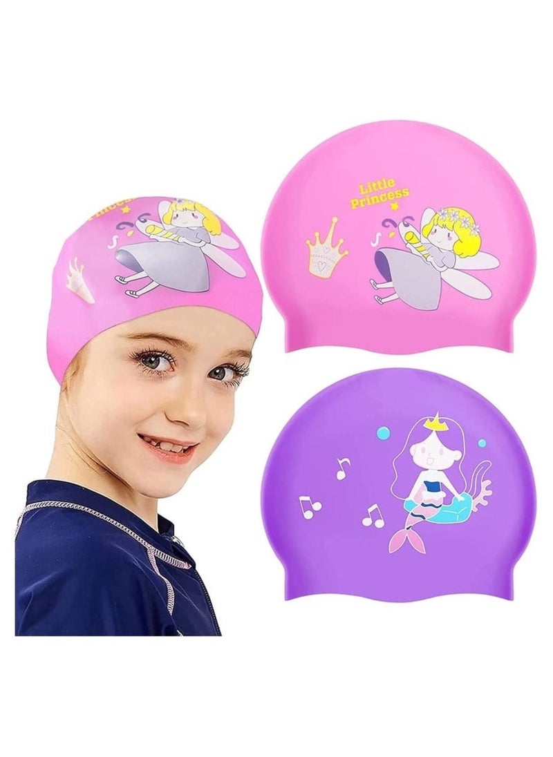 DMG TECH - 2 Pieces Kids Swimming Cap, Stretchable Waterproof Swimming Cap, Comfortable Swimming Hat, Durable Silicone Swimming Cap with Storage Bag - Image 1