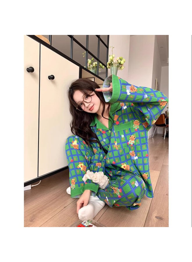 YUZHAOLIN Yu Zhaolin Grid Cartoon Bear Pajamas Women's Spring And Summer Loose Cardigan Home Wear Set - Image 1