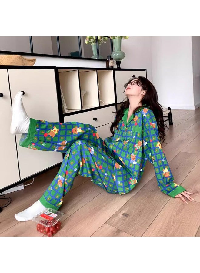 YUZHAOLIN Yu Zhaolin Grid Cartoon Bear Pajamas Women's Spring And Summer Loose Cardigan Home Wear Set - Image 4