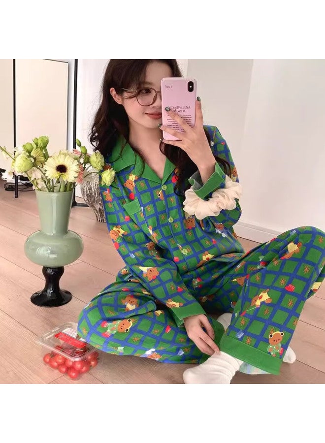 YUZHAOLIN Yu Zhaolin Grid Cartoon Bear Pajamas Women's Spring And Summer Loose Cardigan Home Wear Set - Image 3