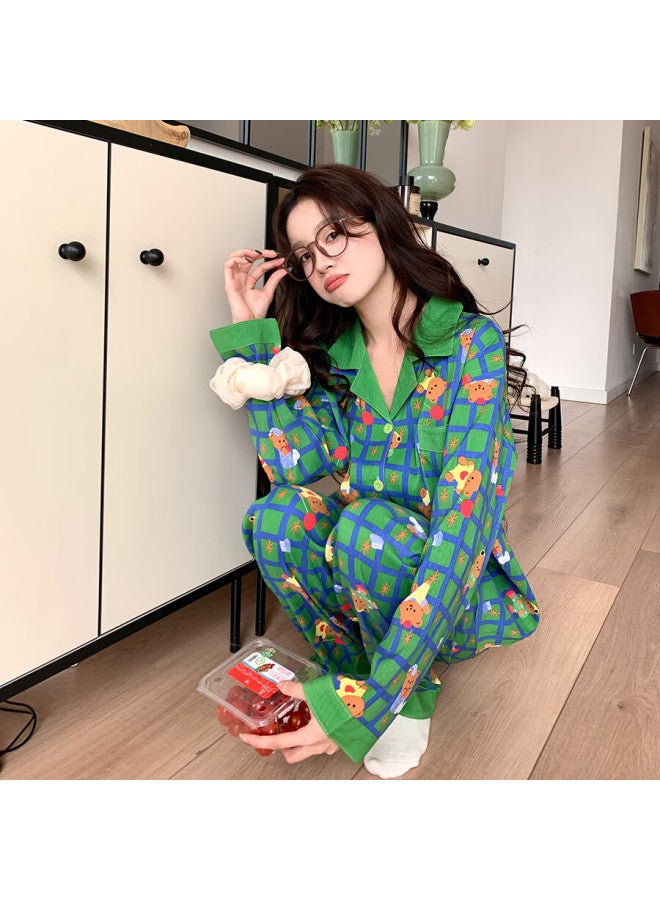 YUZHAOLIN Yu Zhaolin Grid Cartoon Bear Pajamas Women's Spring And Summer Loose Cardigan Home Wear Set - Image 5