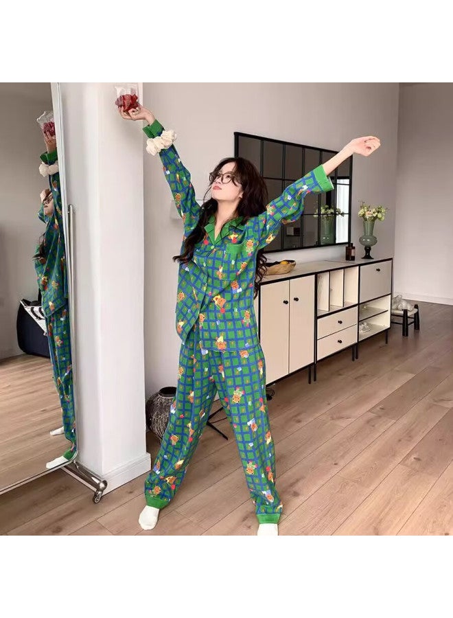 YUZHAOLIN Yu Zhaolin Grid Cartoon Bear Pajamas Women's Spring And Summer Loose Cardigan Home Wear Set - Image 2