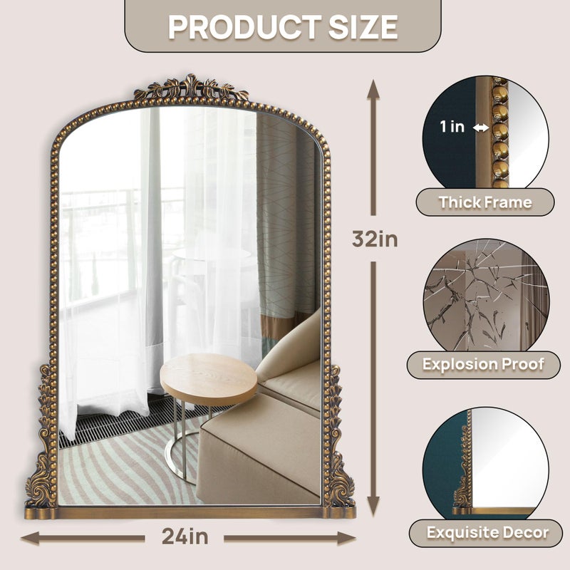 Wemily Vintage Baroque Arched Mirror - Traditional Ornate Antique Brass Wood Frame - 24"X32" - Perfect for Entryway, Fireplace, Living Room, Hallway, Bathroom - Image 2