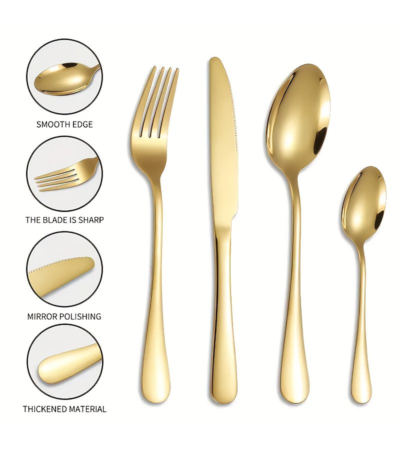 4 24pc Stainless Steel Cutlery Set Golden Knife Fork Spoon Dinnerware Dishwasher Safe Mirror Polish Elegant For Home Hotel Restaurant Dining Wedding Party Gift - Image 4