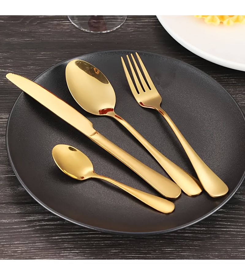 4 24pc Stainless Steel Cutlery Set Golden Knife Fork Spoon Dinnerware Dishwasher Safe Mirror Polish Elegant For Home Hotel Restaurant Dining Wedding Party Gift - Image 2