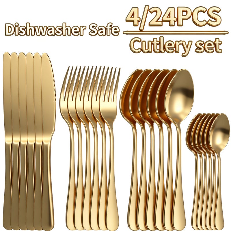 4 24pc Stainless Steel Cutlery Set Golden Knife Fork Spoon Dinnerware Dishwasher Safe Mirror Polish Elegant For Home Hotel Restaurant Dining Wedding Party Gift - Image 1