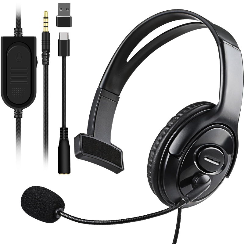 Joso Wired One Ear Headset with Mic, Single Ear Headset for PS5/PS4/Xbox/Switch/PC/iPad/Mac & Tablet with 3.5mm to Type C & USB-A Adapter - Chat Headphone, Office Business, Coach, Gaming, Remote Work - Image 1