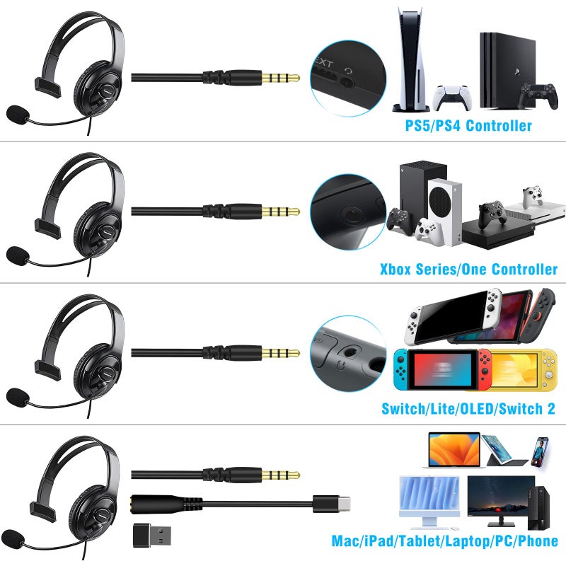 Joso Wired One Ear Headset with Mic, Single Ear Headset for PS5/PS4/Xbox/Switch/PC/iPad/Mac & Tablet with 3.5mm to Type C & USB-A Adapter - Chat Headphone, Office Business, Coach, Gaming, Remote Work - Image 2
