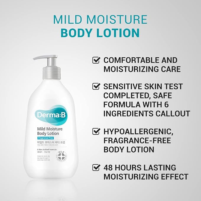 derma b Derma:B, Mild Moisture Body Lotion, Fragrance Free, 13.5 fl oz (400 ml) - Image 2