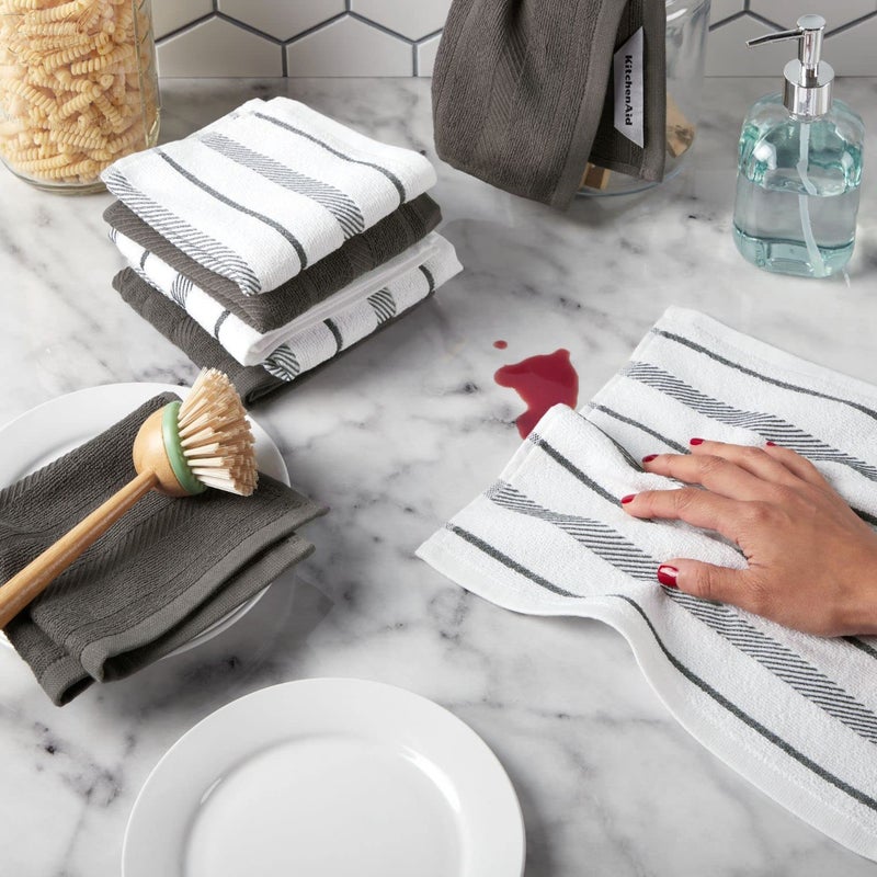 KitchenAid Albany Dishcloth 8 Pack Set  Charcoal Grey/White  12""x12"" - Image 2