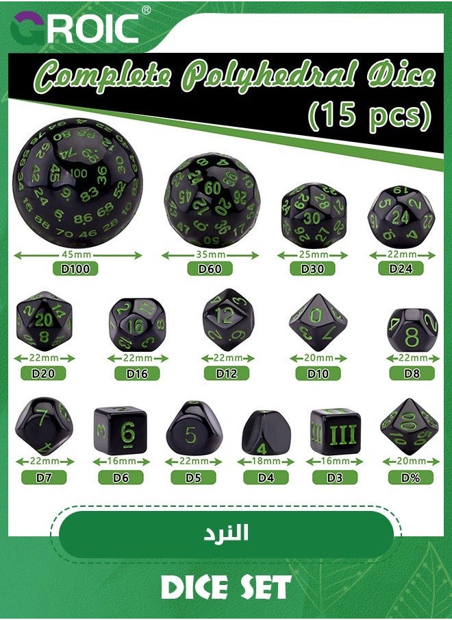GROIC 15 Pieces Complete Polyhedral Dice Set D3-D100 Game with a Drawstring Storage Bag for Role Playing Table Games(Black & Green)  - Image 2