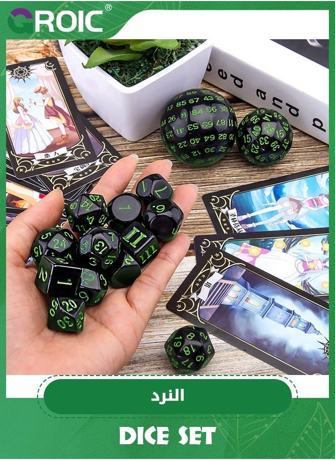GROIC 15 Pieces Complete Polyhedral Dice Set D3-D100 Game with a Drawstring Storage Bag for Role Playing Table Games(Black & Green)  - Image 3
