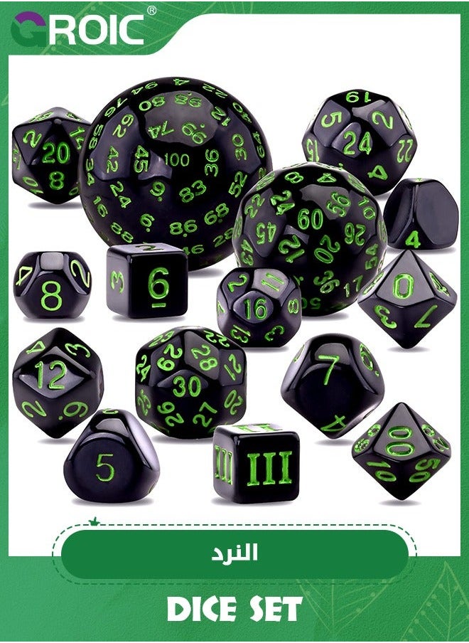 GROIC 15 Pieces Complete Polyhedral Dice Set D3-D100 Game with a Drawstring Storage Bag for Role Playing Table Games(Black & Green)  - Image 1