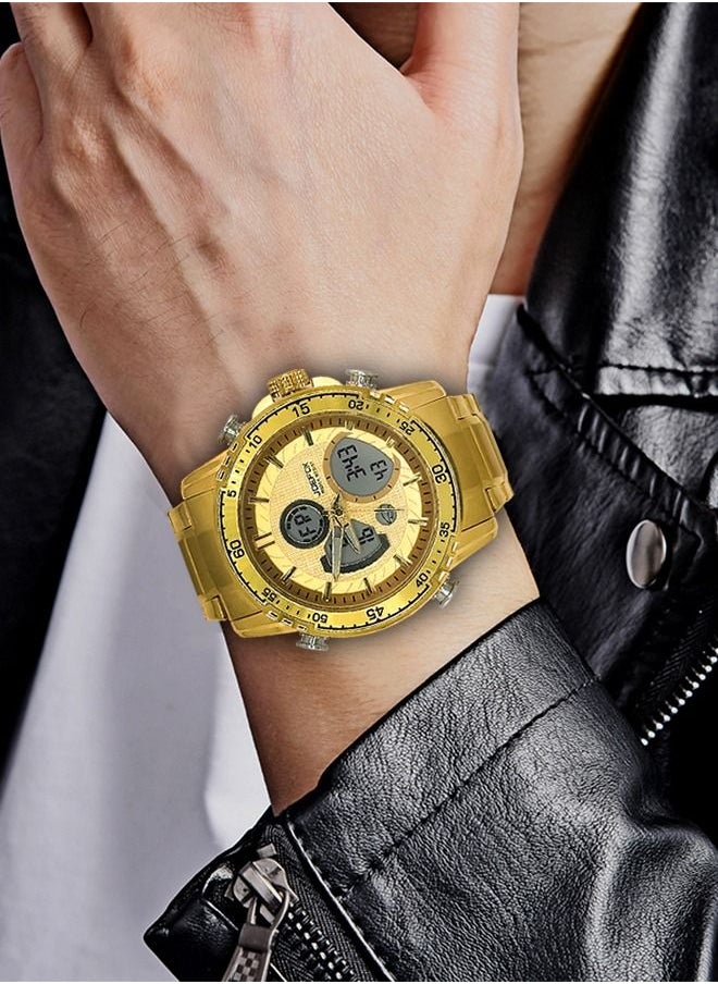 JoeFox - Men's Large Face Digital Luxury Watch LED Analog Quartz Wristwatch with Multi Time Zone 3 ATM Waterproof Stopwatch Analog Wrist Watches for Men Golden - Image 1