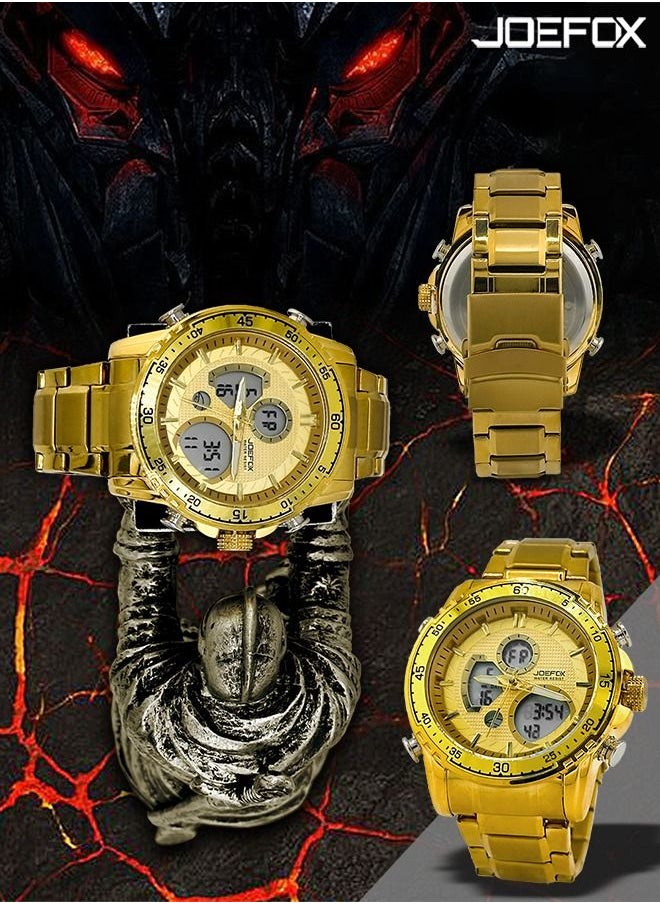 JoeFox - Men's Large Face Digital Luxury Watch LED Analog Quartz Wristwatch with Multi Time Zone 3 ATM Waterproof Stopwatch Analog Wrist Watches for Men Golden - Image 1