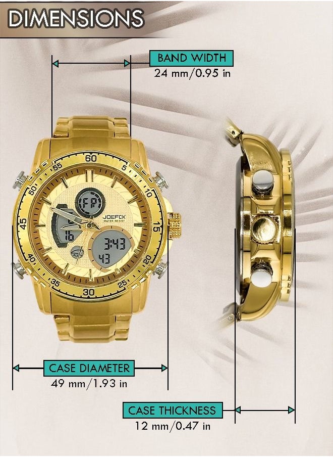 JoeFox - Men's Large Face Digital Luxury Watch LED Analog Quartz Wristwatch with Multi Time Zone 3 ATM Waterproof Stopwatch Analog Wrist Watches for Men Golden - Image 1