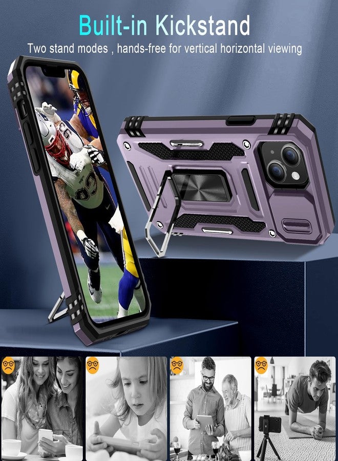 DEERLAMN Case for iPhone 13/iPhone 14 6.1-Inch with Slide Camera Cover+Screen Protector(2 Packs),Rotated Ring Kickstand Military Grade Shockproof Protective Cover-Deep Purple - Image 5