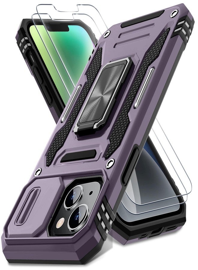 DEERLAMN Case for iPhone 13/iPhone 14 6.1-Inch with Slide Camera Cover+Screen Protector(2 Packs),Rotated Ring Kickstand Military Grade Shockproof Protective Cover-Deep Purple - Image 1