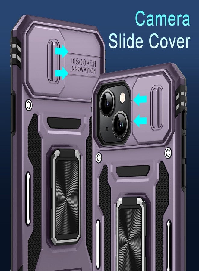 DEERLAMN Case for iPhone 13/iPhone 14 6.1-Inch with Slide Camera Cover+Screen Protector(2 Packs),Rotated Ring Kickstand Military Grade Shockproof Protective Cover-Deep Purple - Image 3