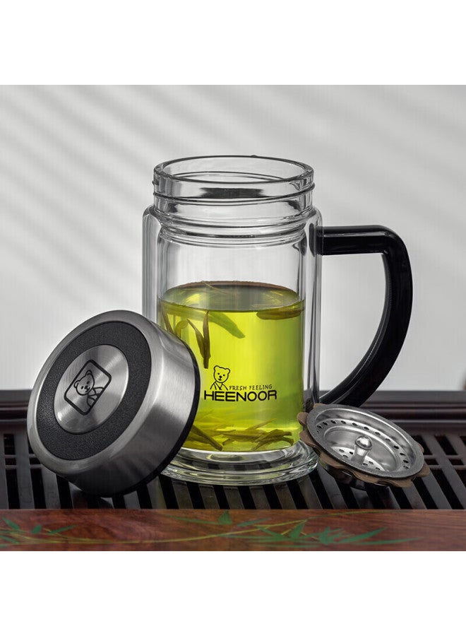 Heenoor Xino Double-layer Glass Cup For Men, Home And Office Use, With Handle, Tea Infuser Mug Xn-9321 435ml - Image 1