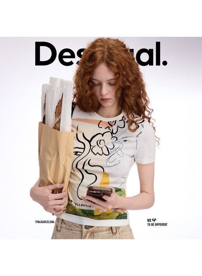DESIGUAL ss25 New Abstract Print Round Neck Stretch Women's T-shirt - Image 4