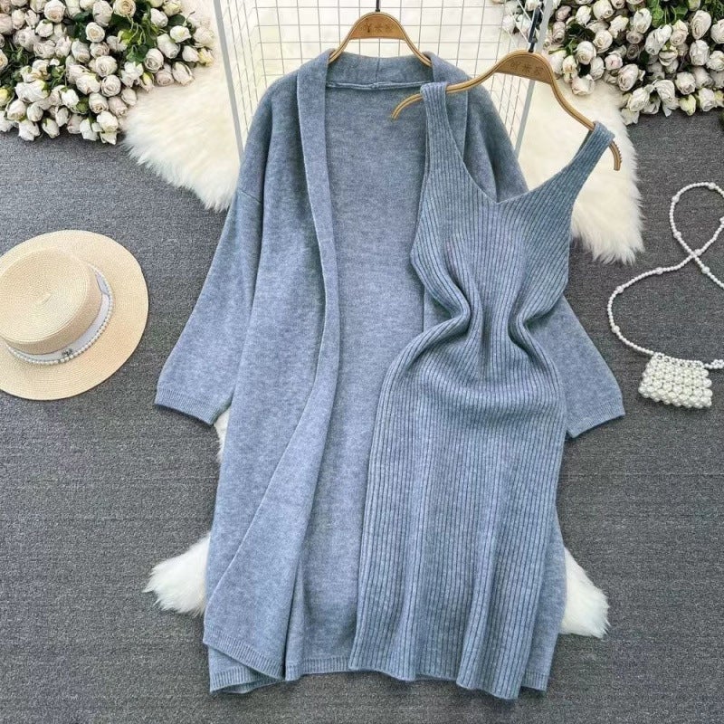 French Knit Dress Set Spring Autumn 2024 Gray single suspender skirt material comfortable style]