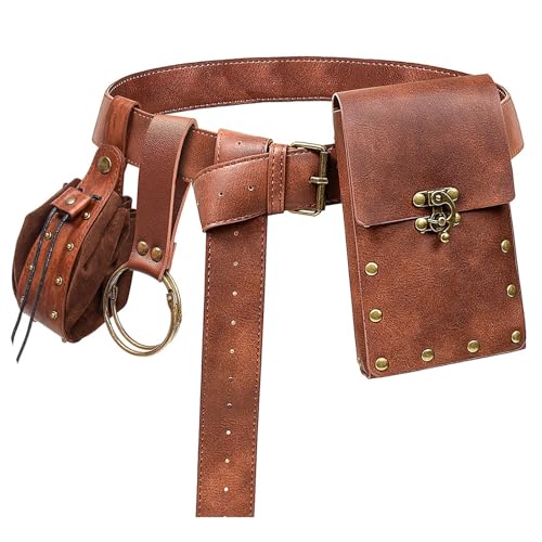 KOTORA Renaissance Belt Pouch Coin Purse Skirt Hike Set Medieval Festival Costume Halloween Accessories Casual Fanny Pack Waist Bag (2Pouch-Brown) - Image 1