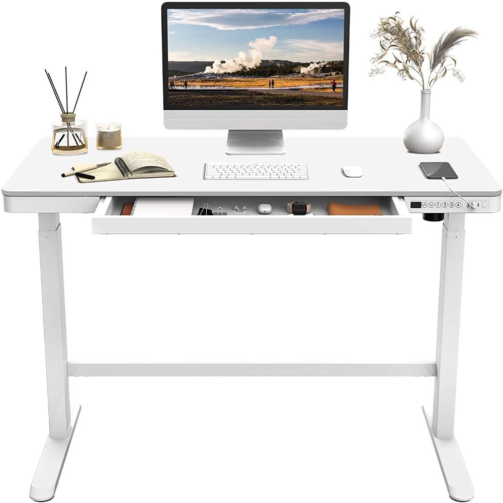 Electric Height Adjustable Standing Desk with Drawer 48 x 24 Inch Wooden Top White Desktop Adjustable Frame Quick Install Computer Workstation USB Charging Ports Memory Preset Controller Home Office Use