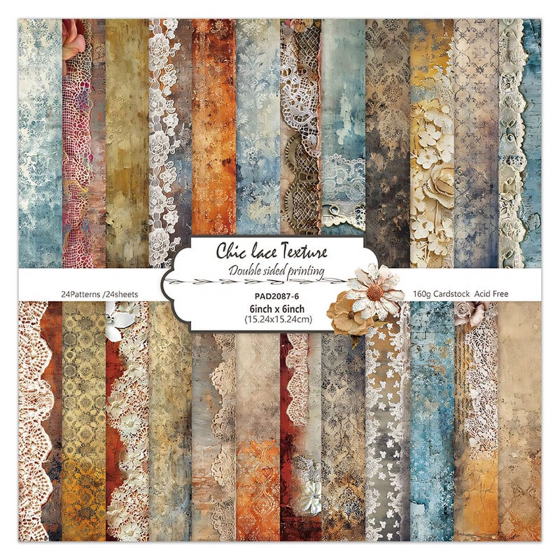 EAMOTOL 6'' Vintage Lace Scrapbook Paper Pad - 24 Sheets Double Sided Origami Cards for Junk Journal Collage Supplies Cards Decor Gifts Crafts DIY Wrapping Decorative Folded Photo Album - Image 1