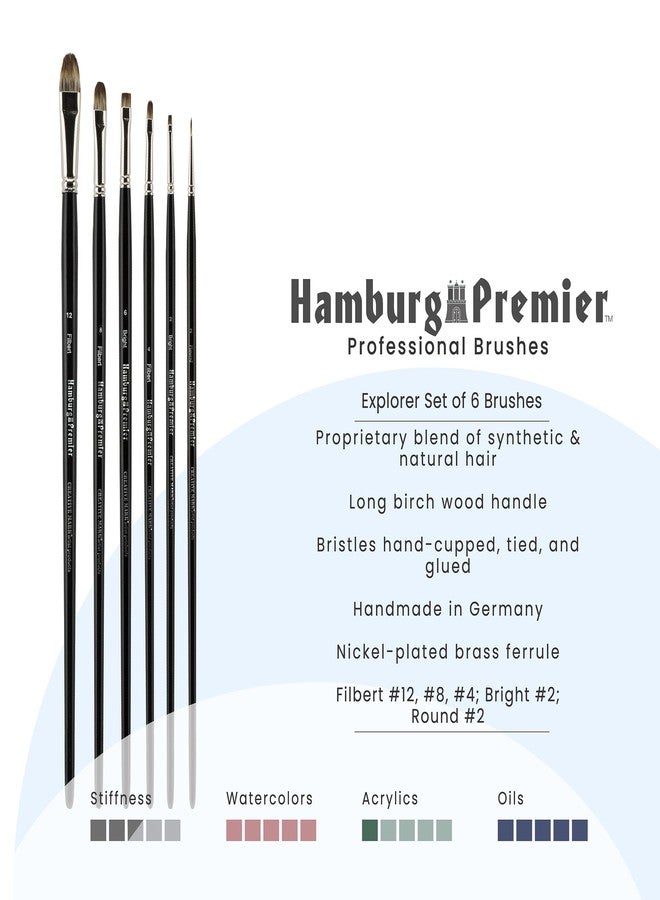 Creative Mark Hamburg Premiere Professional Oil Painting Brushes - Explorer Set of 6 Assorted Oil Paint Brushes - Handmade in Germany, Natural & Synthetic Blend, Long Triple-Lacquered Birch Handle - Image 2