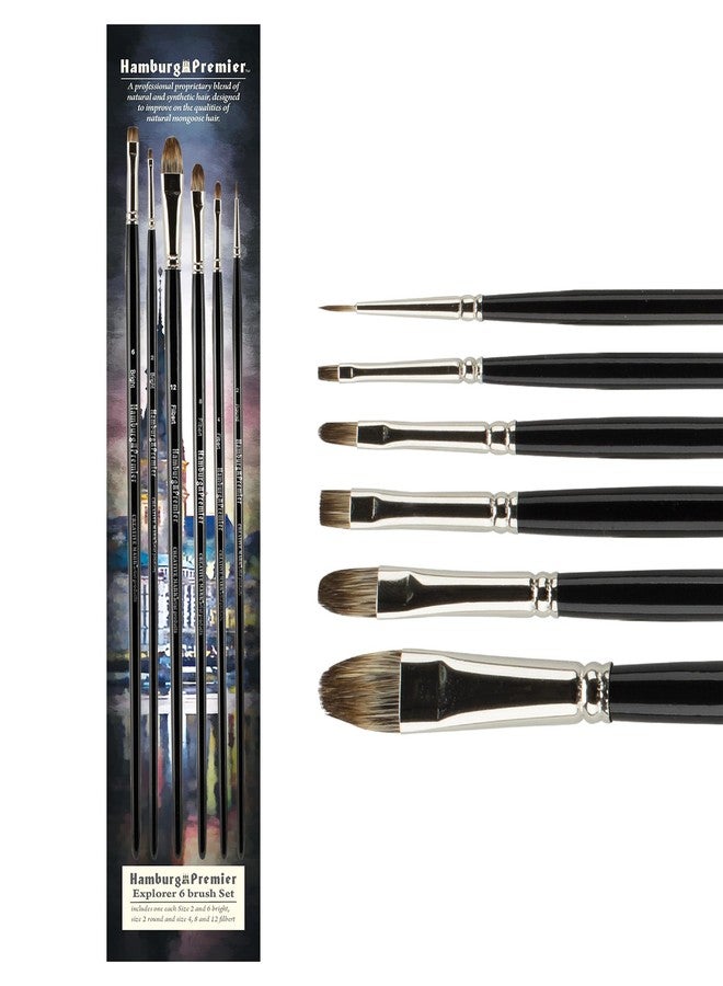 Creative Mark Hamburg Premiere Professional Oil Painting Brushes - Explorer Set of 6 Assorted Oil Paint Brushes - Handmade in Germany, Natural & Synthetic Blend, Long Triple-Lacquered Birch Handle - Image 1