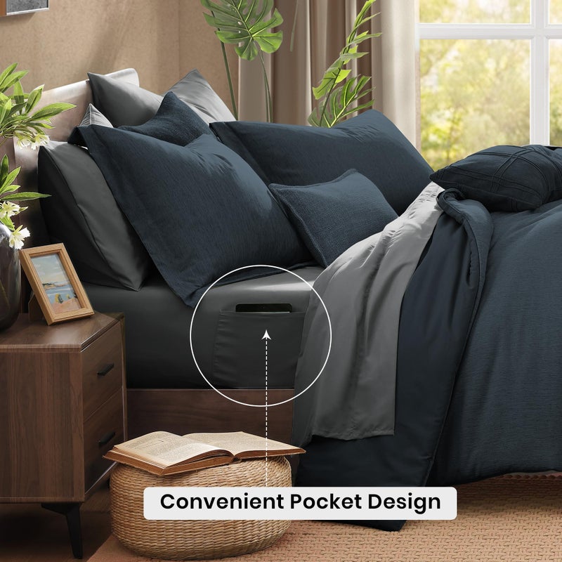 Monbix King Size Comforter Set, Navy Blue King Size Bed Set Reversible, King Comforter Set 7 Pieces, Cationic Dyeing Bed in a Bag with Comforter, Sheets, Pillowcases & Shams - Image 4