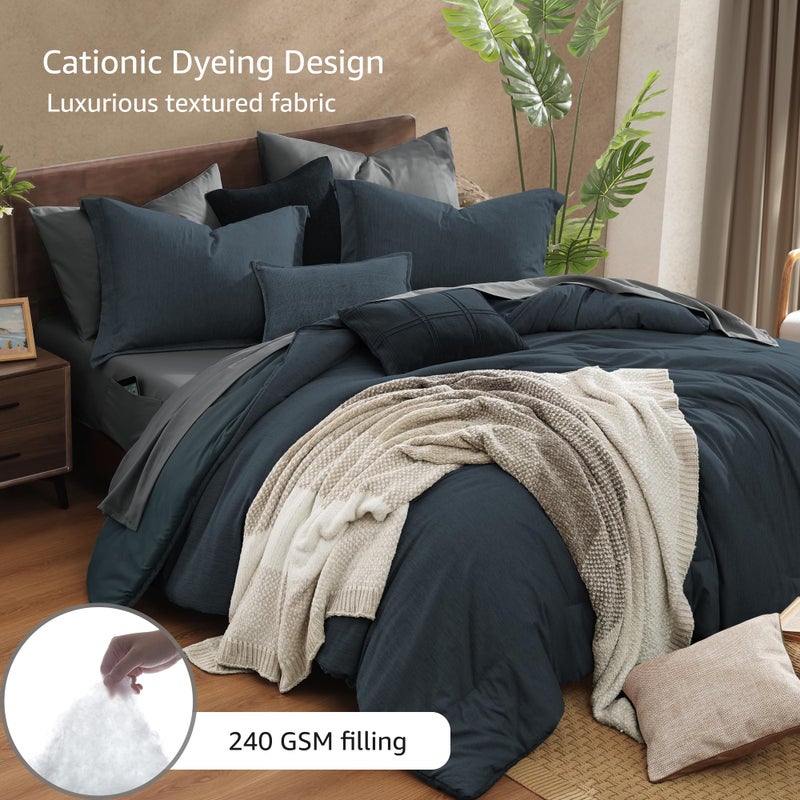Monbix King Size Comforter Set, Navy Blue King Size Bed Set Reversible, King Comforter Set 7 Pieces, Cationic Dyeing Bed in a Bag with Comforter, Sheets, Pillowcases & Shams - Image 3