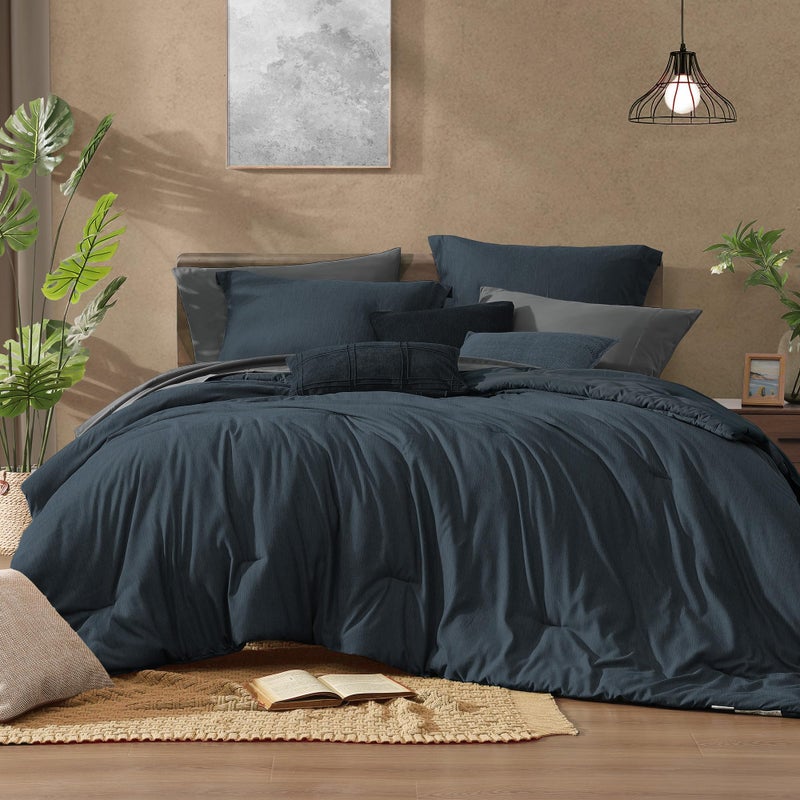 Monbix King Size Comforter Set, Navy Blue King Size Bed Set Reversible, King Comforter Set 7 Pieces, Cationic Dyeing Bed in a Bag with Comforter, Sheets, Pillowcases & Shams - Image 1
