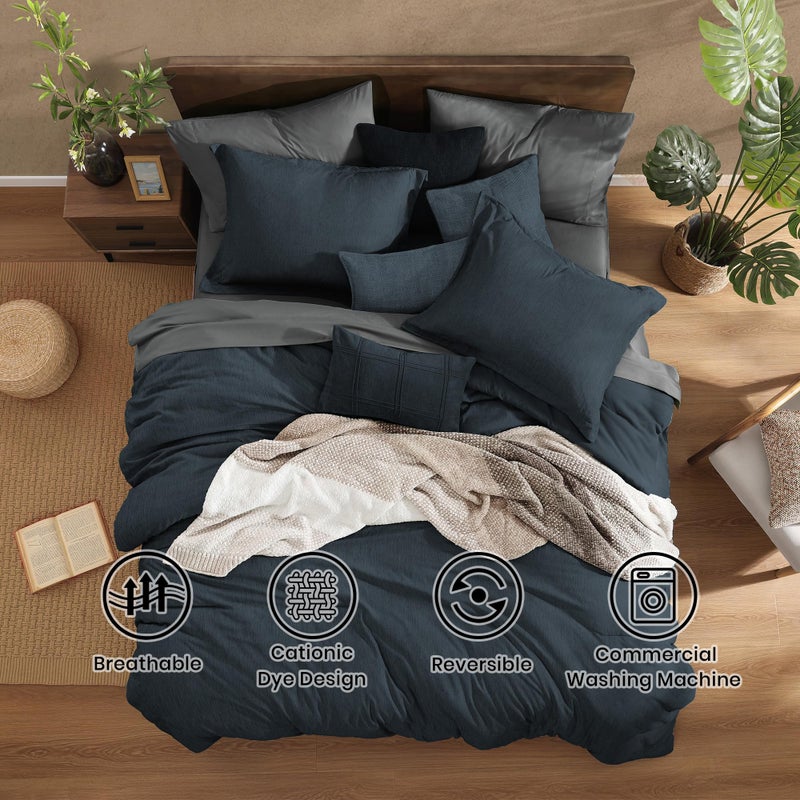 Monbix King Size Comforter Set, Navy Blue King Size Bed Set Reversible, King Comforter Set 7 Pieces, Cationic Dyeing Bed in a Bag with Comforter, Sheets, Pillowcases & Shams - Image 2