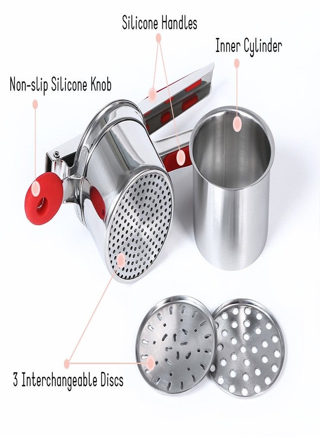 Rorence Stainless Steel Potato Ricer: 15 Oz Potato Masher with 3 Interchangeable Discs & Inner Cup & Silicone Grip Handles - Red - Image 2