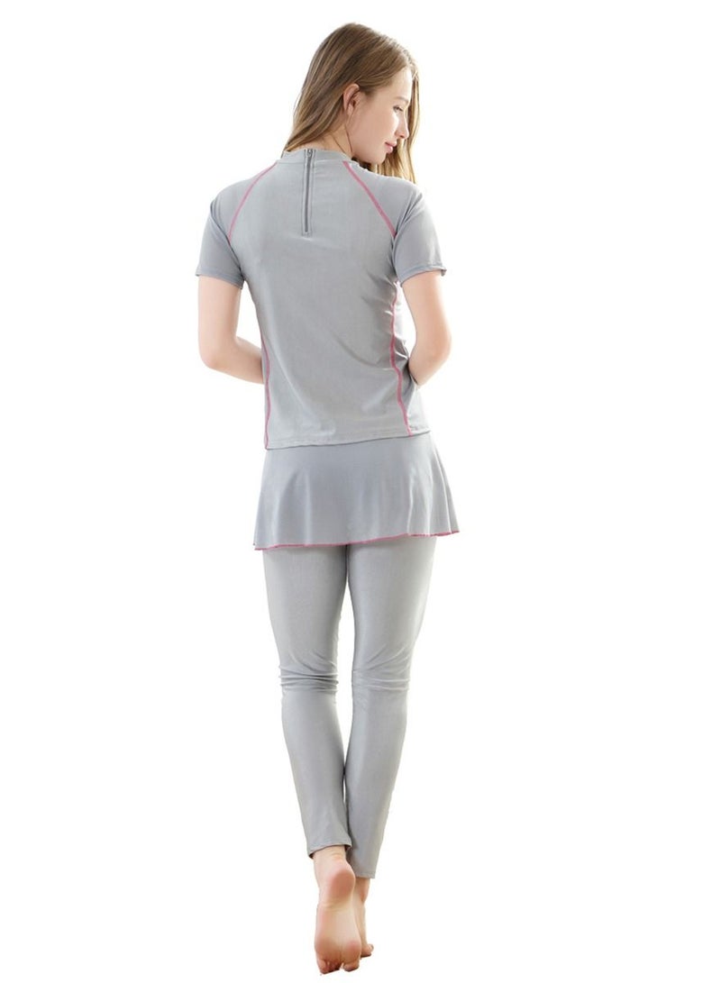 Loquat 2-Piece Conservative Swimwear Set Short Sleeve Burkini Swimsuit Set Grey Printed  - Image 2