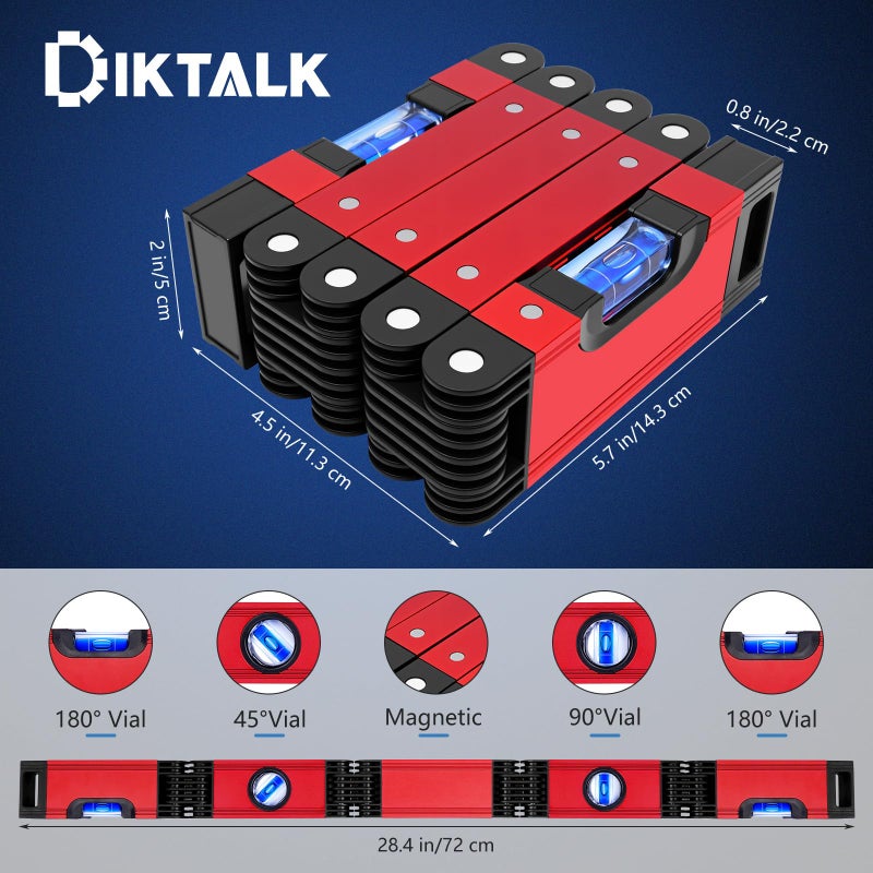 DIKTALK 28 Inch Folding Level, Multi-Angle Precision Leveler with Magnetic Base, Foldable Aluminum Alloy Tool for Woodworking & Construction - Image 2