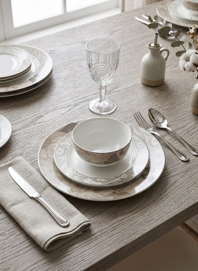 Trust 18-Piece Porcelain Dinner Set Beige/Silver, 6pcs Dinner Plate 10.5 inch, 6pcs Side Plate 7.5 inch, 6pcs Bowl 5.5 inch - Image 2