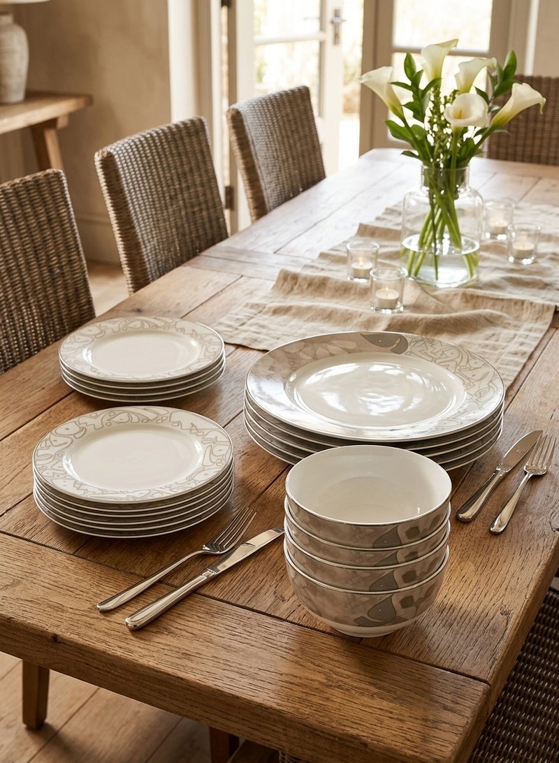 Trust 18-Piece Porcelain Dinner Set Beige/Silver, 6pcs Dinner Plate 10.5 inch, 6pcs Side Plate 7.5 inch, 6pcs Bowl 5.5 inch - Image 3