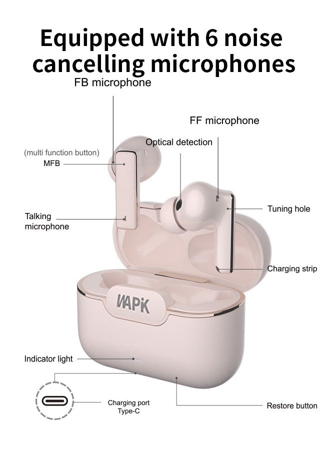 Korean Brand RS6 True Wireless Earpods, 6 Mics Hybrid ANC with AI Wind Noise Reduction, -42dB Noise Cancelling, Transparency Mode, Normal Mode, ANC Mode, 30-Hour Battery Life, Bluetooth 5.4, IPX5 Waterproof, Powerful Bass, Pink. - pzsku/Z0C64120FD74BEAEC49F8Z/45/_/1737529559/de947ef3-8bf6-4f3f-8e89-61603eada9b5