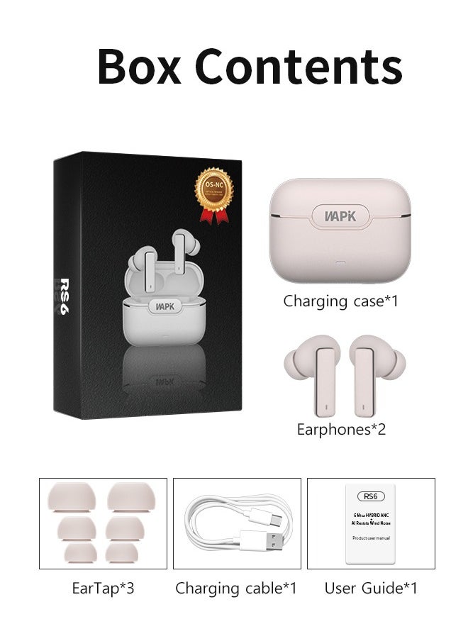 Korean Brand RS6 True Wireless Earpods, 6 Mics Hybrid ANC with AI Wind Noise Reduction, -42dB Noise Cancelling, Transparency Mode, Normal Mode, ANC Mode, 30-Hour Battery Life, Bluetooth 5.4, IPX5 Waterproof, Powerful Bass, Pink. - pzsku/Z0C64120FD74BEAEC49F8Z/45/_/1737529612/e534f9f2-c1e2-4d64-ac4a-ce848fd3e7ca