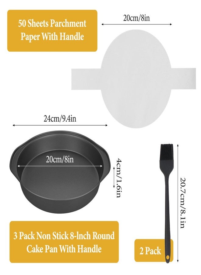 FjiProu 8 Inch Cake Pan Set, 3pcs Nonstick Round Cake Pans with 50 pcs Parchment Paper and 2pcs Oil Brush Set, Durable Circle Cake Pan Sets with Handle for Baking Multi-Layer Cakes, Dishwasher Safe（Black) - Image 3