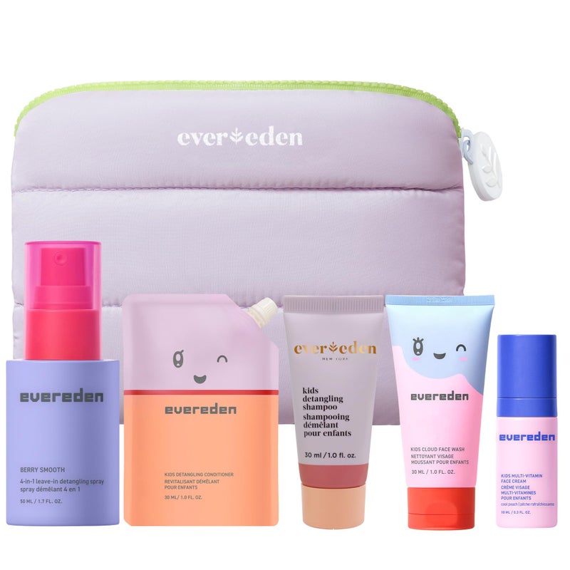 Evereden Kids Travel Set: Clean & Vegan 5-Piece Holiday Gift Set | Multi-Vitamin Skin Care Set for Toddlers with Detangling Spray, Face Wash, Cream, Shampoo, Conditioner | Stocking Stuffers for Kids - Image 1