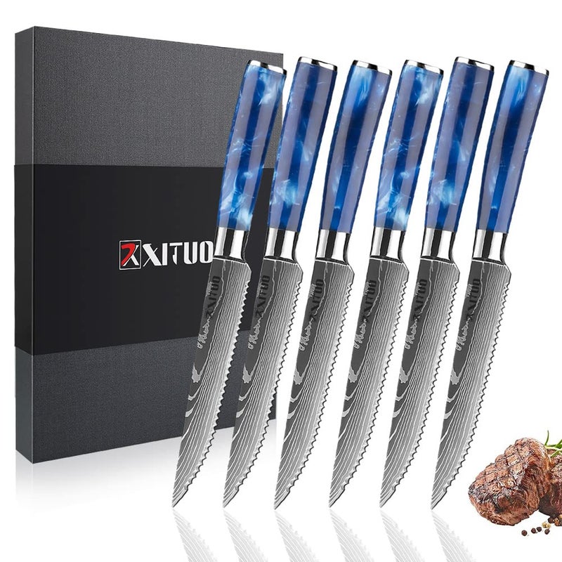 XT XITUO Serrated Steak Knife Set  6pcs Premium 45 inch Kitchen Cutting Steak Knives German Stainless Steel KnifeTable Dinner Knife with Blue Resin Handle for Home Restaurant Gift Box