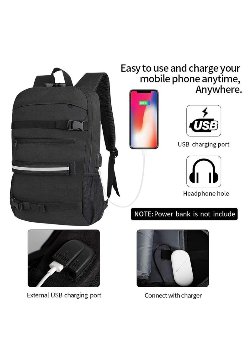 SYOSI Skateboard Backpack, Laptop Backpack Rucksack with USB Charging Port, Anti Theft Lock, Water Resistant, Fits up to 15.6 17 Inch Laptop, for College School Business Travel Men Boy Black - Image 2
