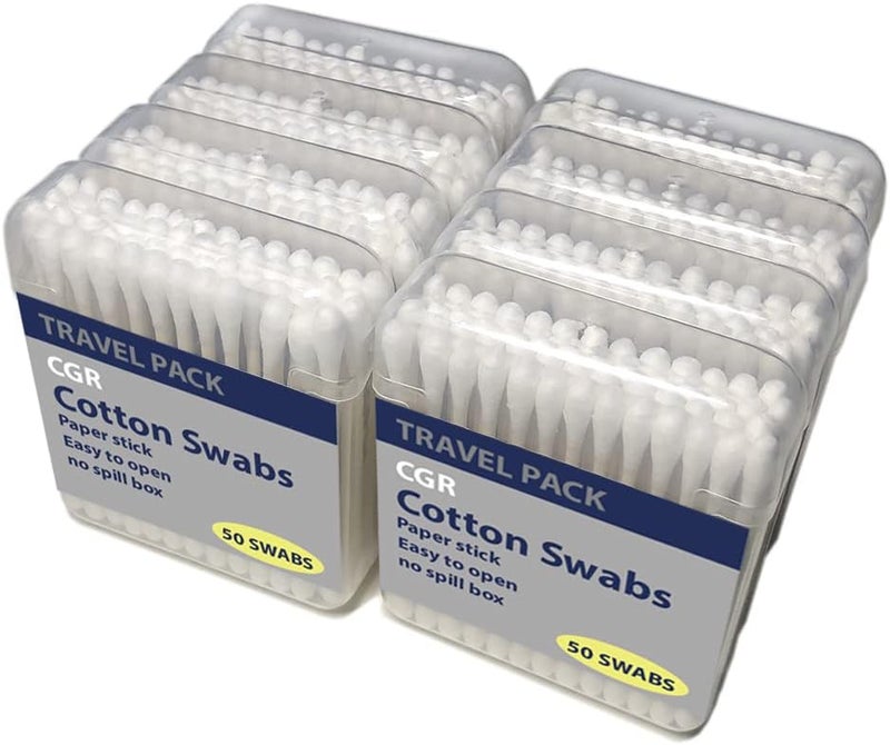 400pcs CGR Organic Cotton Swabs, 100% Cotton Double-Tipped, White Paper Sticks(compostable), Travel Pack(8 Pack of 50 Swabs Total)