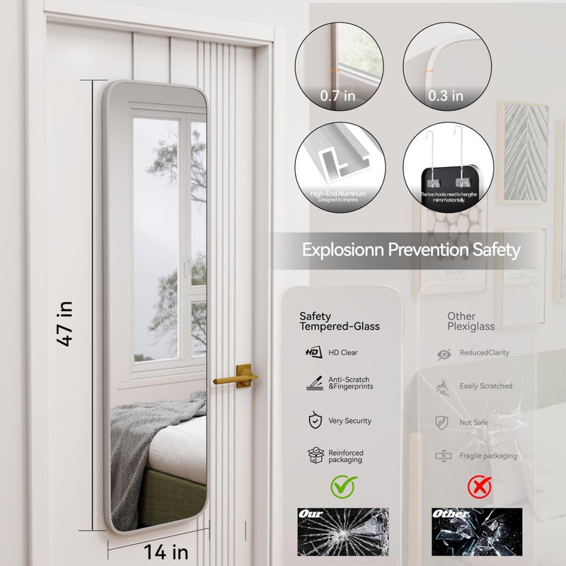 SCWF-GZ 47x14 Mirror Rectangle Full Body Length Door Hanging Wall Mounted Aluminum Alloy Metal Frame Dressing Make-up Mirrors for Entryway Bedroom Bathroom Living Room 47 14 inch Silver - Image 3